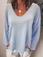 Novastelix Fashion Summer New Women T-Shirt Solid Color Casual Versatile  Loose Tops V-Neck Blouses Long Sleeve Shirt Perspective Y2K Tops - Image 4