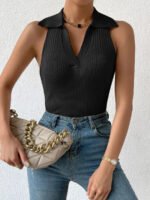 Novastelix Summer V-Neck Ribbed Knit Crop Top - Sleeveless Turndown Collar in 10 Colors - Image 3