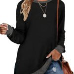 Novastelix Chic Color Block Long Sleeve Sweatshirt with Side Split for Women