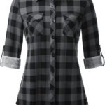 Novastelix Chic Women's Soft Stretchy Knit Plaid Button-Down Blouse with Roll-Up Sleeves
