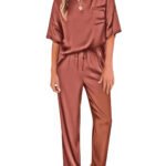 Novastelix Luxurious  Women's Silk Satin Pajama Set - Short Sleeve Shirt & Long Pants - Soft Sleepwear Loungewear in Caramel, Sizes S-XXL