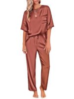 Novastelix Luxurious  Women's Silk Satin Pajama Set - Short Sleeve Shirt & Long Pants - Soft Sleepwear Loungewear in Caramel, Sizes S-XXL