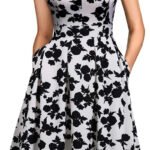 Novastelix Elegant Retro 50s Summer Dress for Women with Pockets - Sleeveless Pleated V Keyhole Holiday Party & Wedding Guest Dress (S, Sp81-White Black Flo)