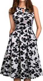 Novastelix Elegant Retro 50s Summer Dress for Women with Pockets - Sleeveless Pleated V Keyhole Holiday Party & Wedding Guest Dress (S, Sp81-White Black Flo)