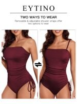 Novastelix Stylish Women's Tummy Control One Piece Swimsuit - Ribbed Drawstring Bathing Suit with Ruched Square Neck in Brown, Size 2XL - Image 2