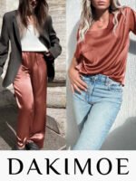 Novastelix Luxurious  Women's Silk Satin Pajama Set - Short Sleeve Shirt & Long Pants - Soft Sleepwear Loungewear in Caramel, Sizes S-XXL - Image 3
