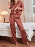 Novastelix Luxurious  Women's Silk Satin Pajama Set - Short Sleeve Shirt & Long Pants - Soft Sleepwear Loungewear in Caramel, Sizes S-XXL - Image 5
