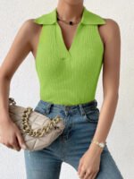 Novastelix Summer V-Neck Ribbed Knit Crop Top - Sleeveless Turndown Collar in 10 Colors - Image 8