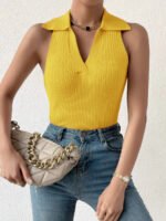 Novastelix Summer V-Neck Ribbed Knit Crop Top - Sleeveless Turndown Collar in 10 Colors - Image 6
