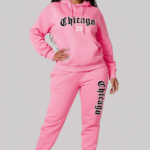 Novastelix Women's plus Size Pink Tracksuit Aesthetic Sportswear Hoodies Pants 2 Piece Outfit Chicago Graphic Letter Print Streetwear Sweatsuit